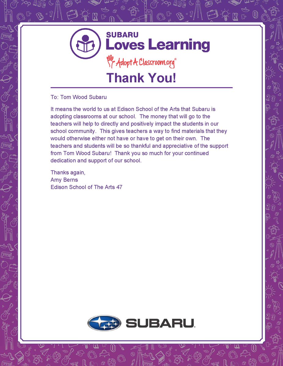 TWoodSubaru's tweet photo. 📚💙 August is Subaru Loves Learning month! We’re proud to continue our partnership with Edison School of the Arts and support the teachers and students in our community.

We’re grateful for this heartfelt thank-you from Principal Amy Berns and proud to help classrooms thrive! https://t.co/BzM3vd5Maw