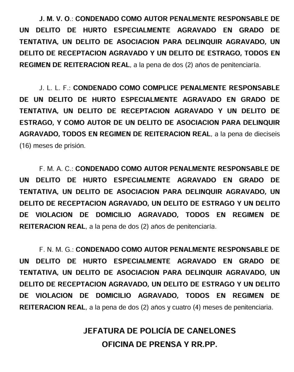 cabezamartini's tweet photo. 🔴 Condenas de los cuatro detenidos por la explosión de cajero en Parque Miramar tras llegar a abreviado con fiscal Luis Álvez.

El uruguayo Nahuel Montero recibió pena de dos años y cuatro meses de prisión efectiva.

Delitos de asociación para delinquir agravada, estrago, tentativa de hurto y receptación. 

Se busca al quinto integrante de la banda.