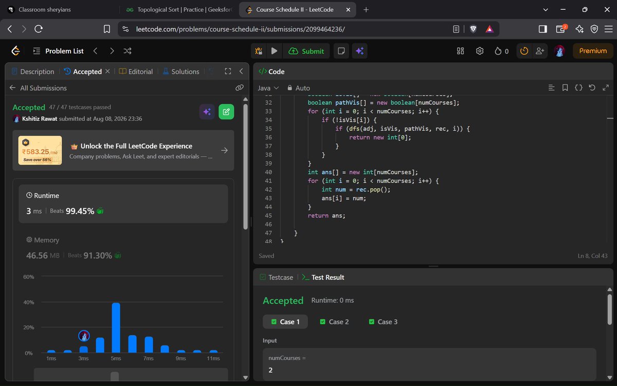 chinu_codes's tweet photo. 🚀 Back to Coding - @ali_In_bits
• Solved GFG - Topological Sort 🔄
• Solved LC - Course Schedule II using Topological Sort 📚
• Strengthened Graph & BFS concepts 🧠
#100DaysOfCode #Java #DSA #Graphs #TopologicalSort #LeetCode #GFG https://t.co/je5fI71BBb
