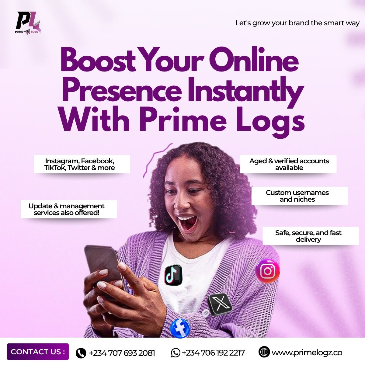 Primelogz's tweet photo. Stop struggling. Start scaling. 🚀

Aged accounts • Custom usernames • Management
Instagram, TikTok, FB, Twitter &amp; more.

Fast, secure delivery. DM for inquiries or grab yours now 👇
https://t.co/sD1RVRhDna

#PrimeLogz #SocialMediaGrowth #BrandBoost https://t.co/xqn8Cdh1J7