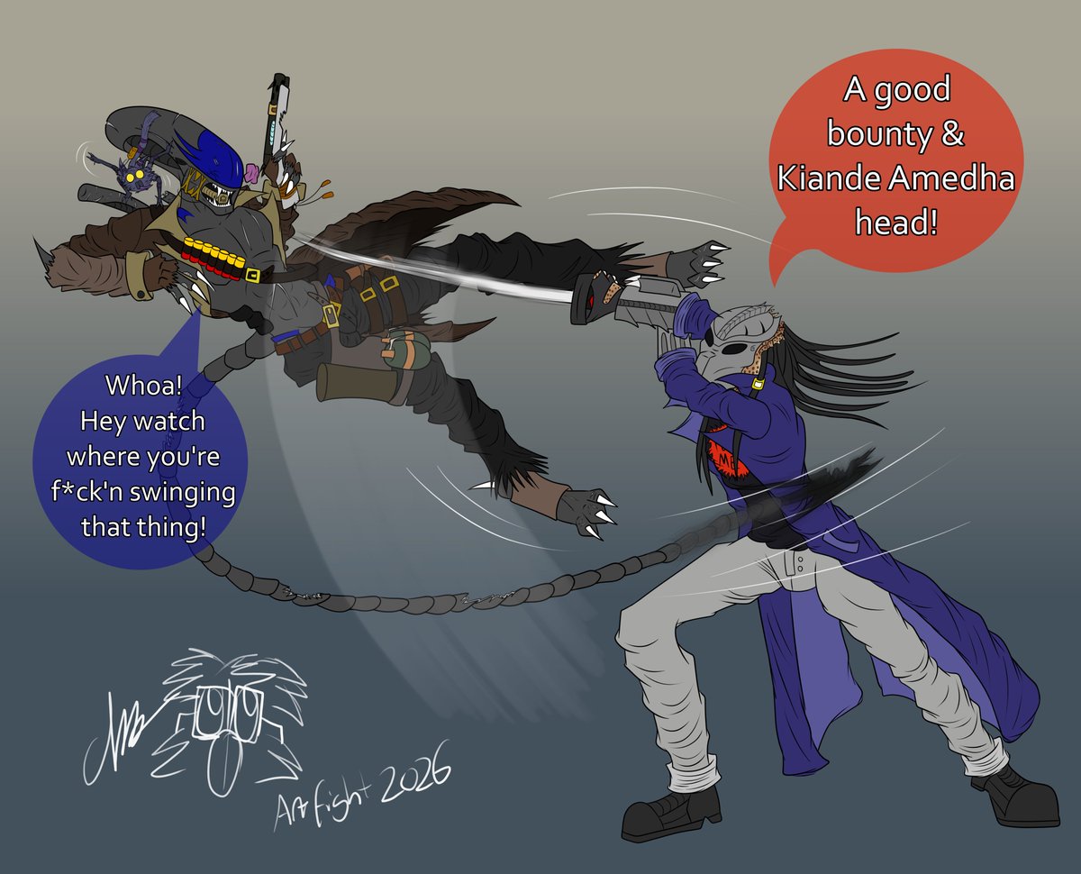 ChristoMan15's tweet photo. #artfight2026ㅤ piece for Predaguy. Featuring his #yautja Bounty Hunter kashyll, battling it out with my #Xenomorph Outlaw, Flinch. Some good old fashion #Alienvspredator.
#aliens #Predator https://t.co/pQRefbWMIB