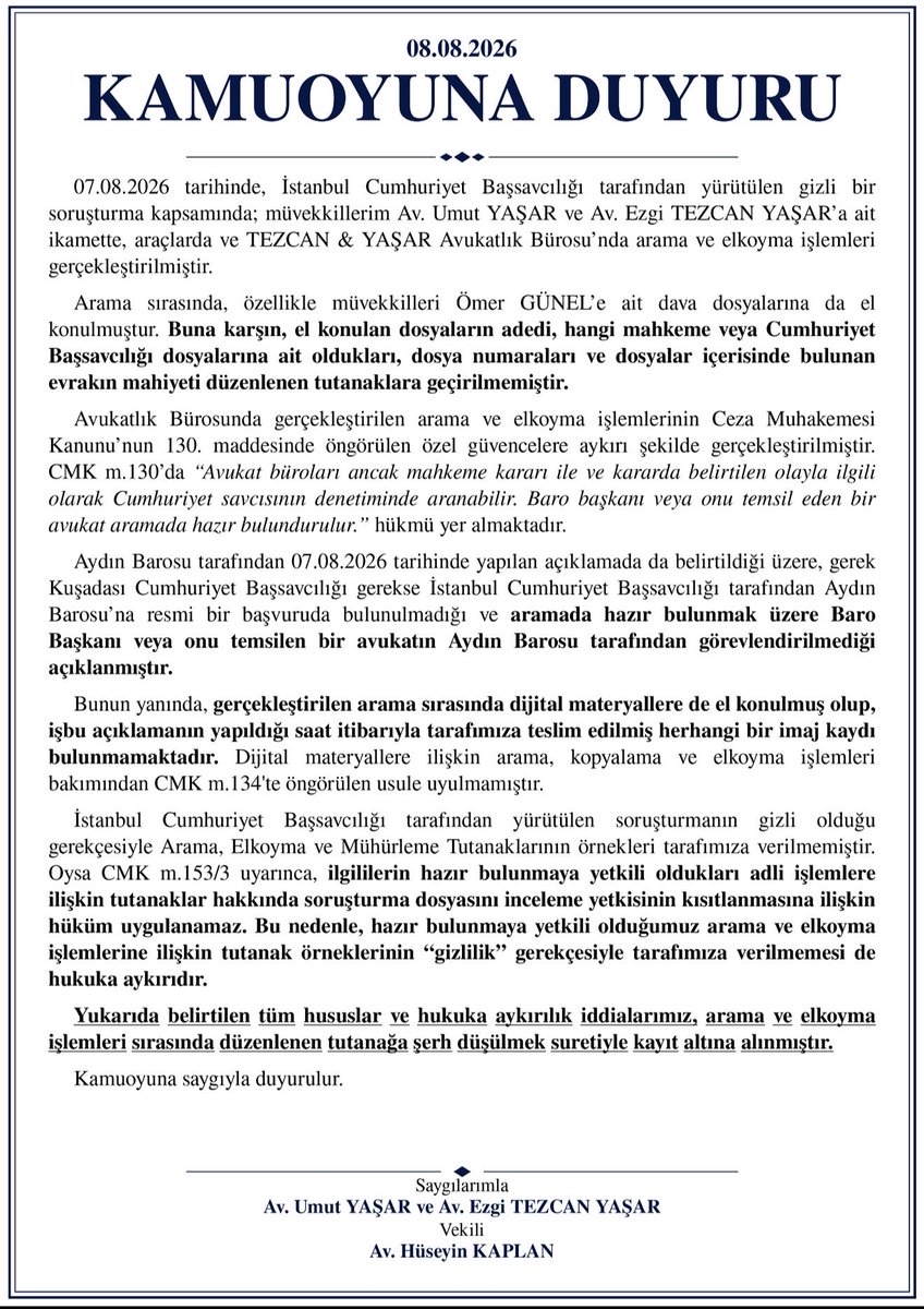 huseyinnkaplan's tweet photo. 07.08.2026 tarihinde müvekkillerim Av. Umut YAŞAR ve Av. Ezgi TEZCAN YAŞAR’a ait Avukatlık Bürosunda gerçekleştirilen Arama ve Elkoyma işlemlerine dair kamuoyu duyurumuzdur. https://t.co/tflM8g4jSf