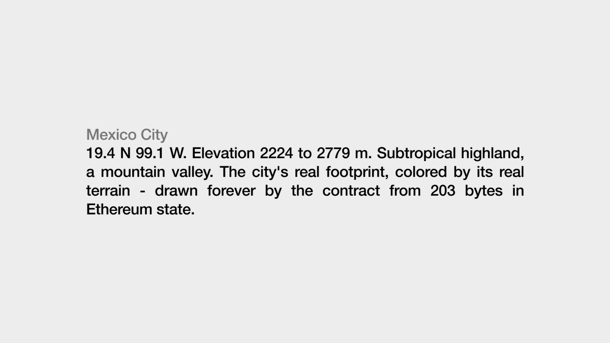 basics_29's tweet photo. and this is what the contract says about it, on-chain, forever.

nobody wrote that caption into a database. it comes out of the same 203 bytes.

mexico city is live on @networkedbot now.

auction link below. https://t.co/NngK7MbejZ
