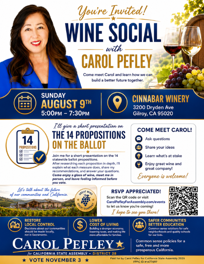 CPefley2026's tweet photo. Please join me at Cinnabar Winery in Gilroy TOMORROW at 5pm 🍷Wine, small bites, and a real conversation about the propositions on your November ballot, what they mean for you and me, and how I recommend voting.
RSVP: https://t.co/xiBzCEGutF #WineSocial
#WineNot #CarolPefleyforAssembly #FreeEvent #PropositionDiscussion #CinnabarWinery #CarolPefley