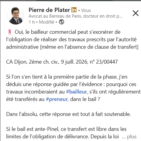 pdeplater's tweet photo. Le #bailleur peut s'exonérer de son obligation de réaliser les travaux relevant d'une injonction administrative, si cette injonction a été motivée par la violation, par le #preneur, de ses propres obligations contractuelles.
#bailcommercial #délivrance
https://t.co/spsb74uOQt https://t.co/r0IHCPQP8v
