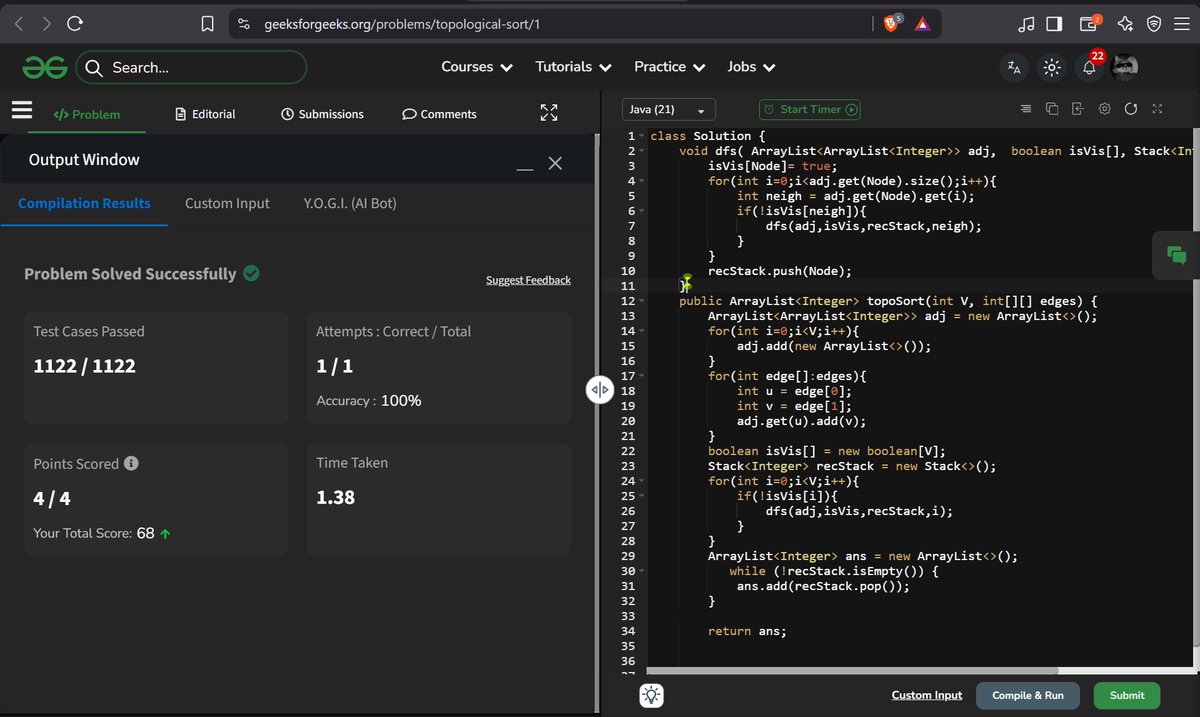 chinu_codes's tweet photo. 🚀 Back to Coding - @ali_In_bits
• Solved GFG - Topological Sort 🔄
• Solved LC - Course Schedule II using Topological Sort 📚
• Strengthened Graph & BFS concepts 🧠
#100DaysOfCode #Java #DSA #Graphs #TopologicalSort #LeetCode #GFG https://t.co/je5fI71BBb