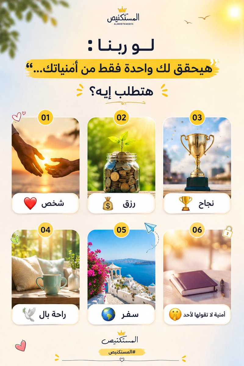 zsc1911111111's tweet photo. لو ربنا : “هيحقق لك واحدة فقط من أمنياتك…”

هتطلب إيه؟

❤️ شخص
💰 رزق
🏆 نجاح
🕊️ راحة بال
🌍 سفر
🤫 أمنية لا تقولها لأحد https://t.co/lOkyHZKoRY