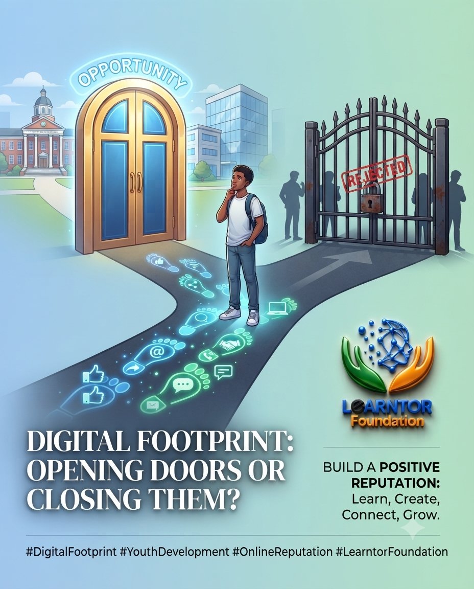 Learntorfoundan's tweet photo. Every post, comment, like, and share adds to your digital footprint.

Many young people spend years building a social media presence without realizing they're also building a reputation.

One day, a university, employer, client, partner, or mentor may look at what you've left online.

Ask yourself:
Is my digital footprint opening doors or closing them?
Use social media to learn, create, connect, and grow. Your future self will thank you.
#DigitalFootprint #YouthDevelopment #OnlineReputation #LearntorFoundation
