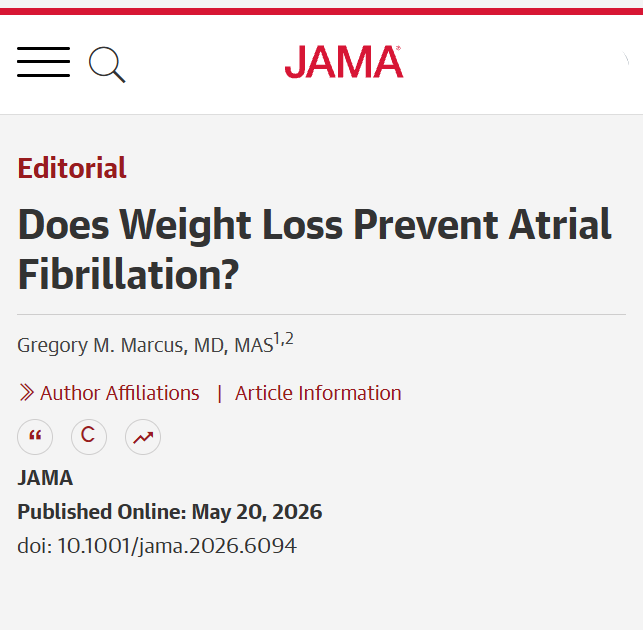 JAMA_current's tweet photo. 💬 Editorial by @gregorymmarcus, MD, MAS: Weight loss did not reduce symptoms or burden of #AtrialFibrillation in older adults with persistent disease in the LOSE-AF trial, suggesting earlier intervention may be critical. 

https://t.co/JSu1hVAzBH https://t.co/1DSCLZ5Csp