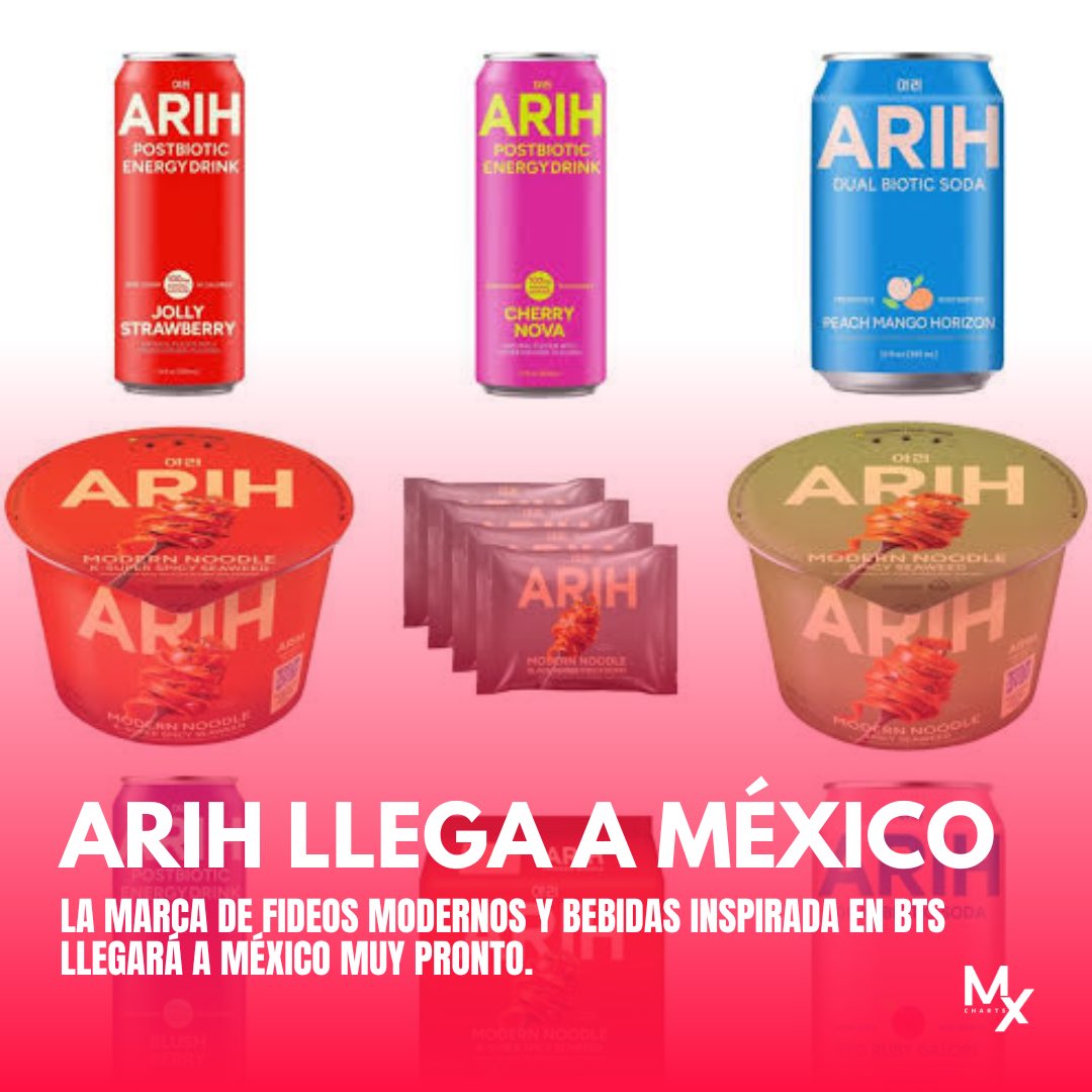 mxcharts's tweet photo. @taste_arih la marca de Fideos Modernos, Bebidas energéticas postbióticas y soda biótica dual creada junto a #BTS llegará a México 

¿Emocionado ARMY México? Utiliza la palabra clave y hashtag 

Que sabor quieres probar primero 🤔

ARIH EN MÉXICO 
#ArihEnMexico https://t.co/BvCWmqohnY