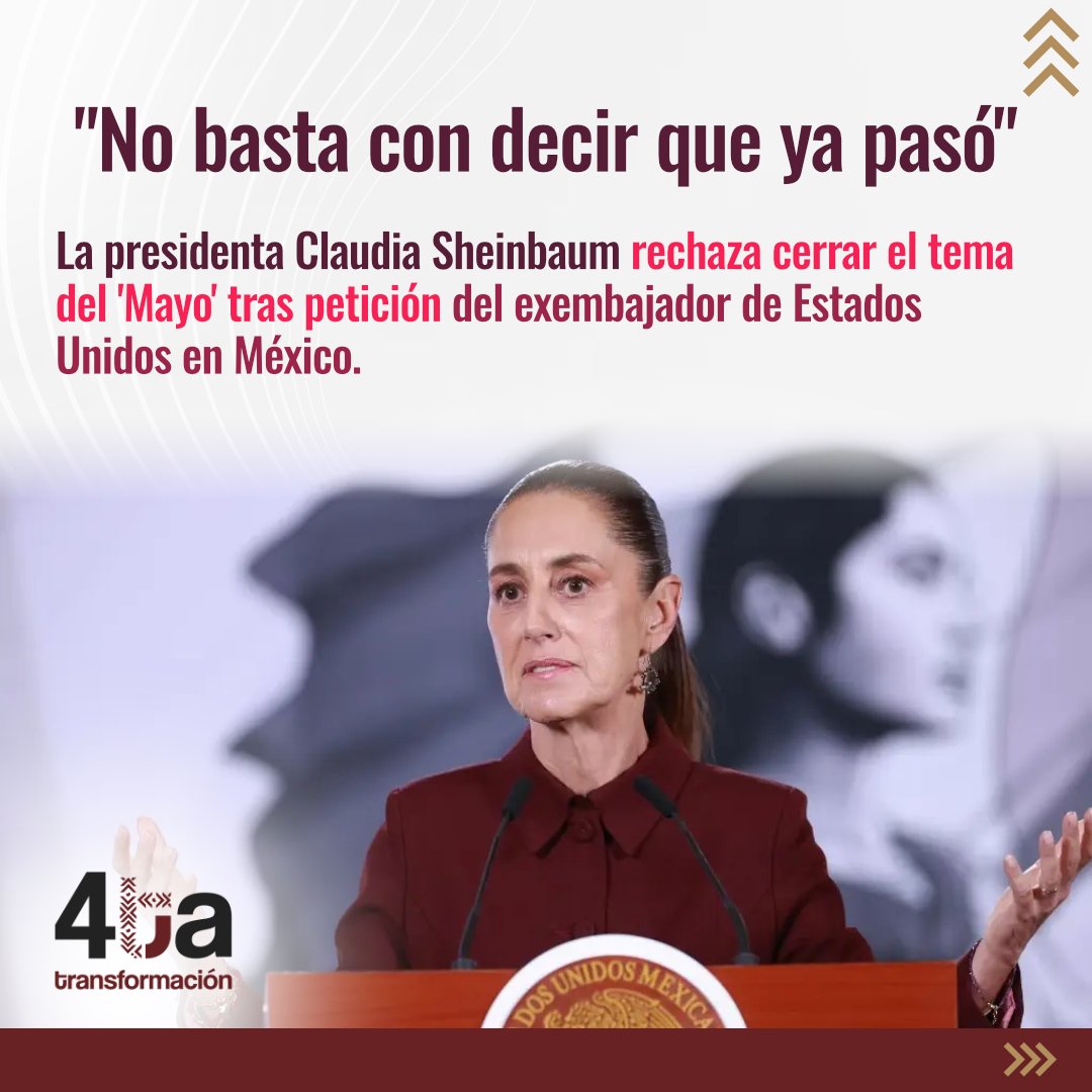 4taTransforma's tweet photo. 🇲🇽 “No basta con decir que ya pasó”

Claudia Sheinbaum rechazó cerrar el tema de “El Mayo” Zambada, luego de la petición del exembajador de Estados Unidos en México, Ken Salazar.

La presidenta señaló que todavía hay preguntas pendientes sobre cómo ocurrió la operación y pidió que se esclarezcan los hechos.

El caso vuelve a poner sobre la mesa la relación entre México y Estados Unidos, la cooperación en seguridad y la soberanía nacional.

👀 ¿Tú crees que el caso debe seguir investigándose o ya debería darse por cerrado?

#La4taTransformación #ClaudiaSheinbaum #ElMayo #México #PolíticaMexicana