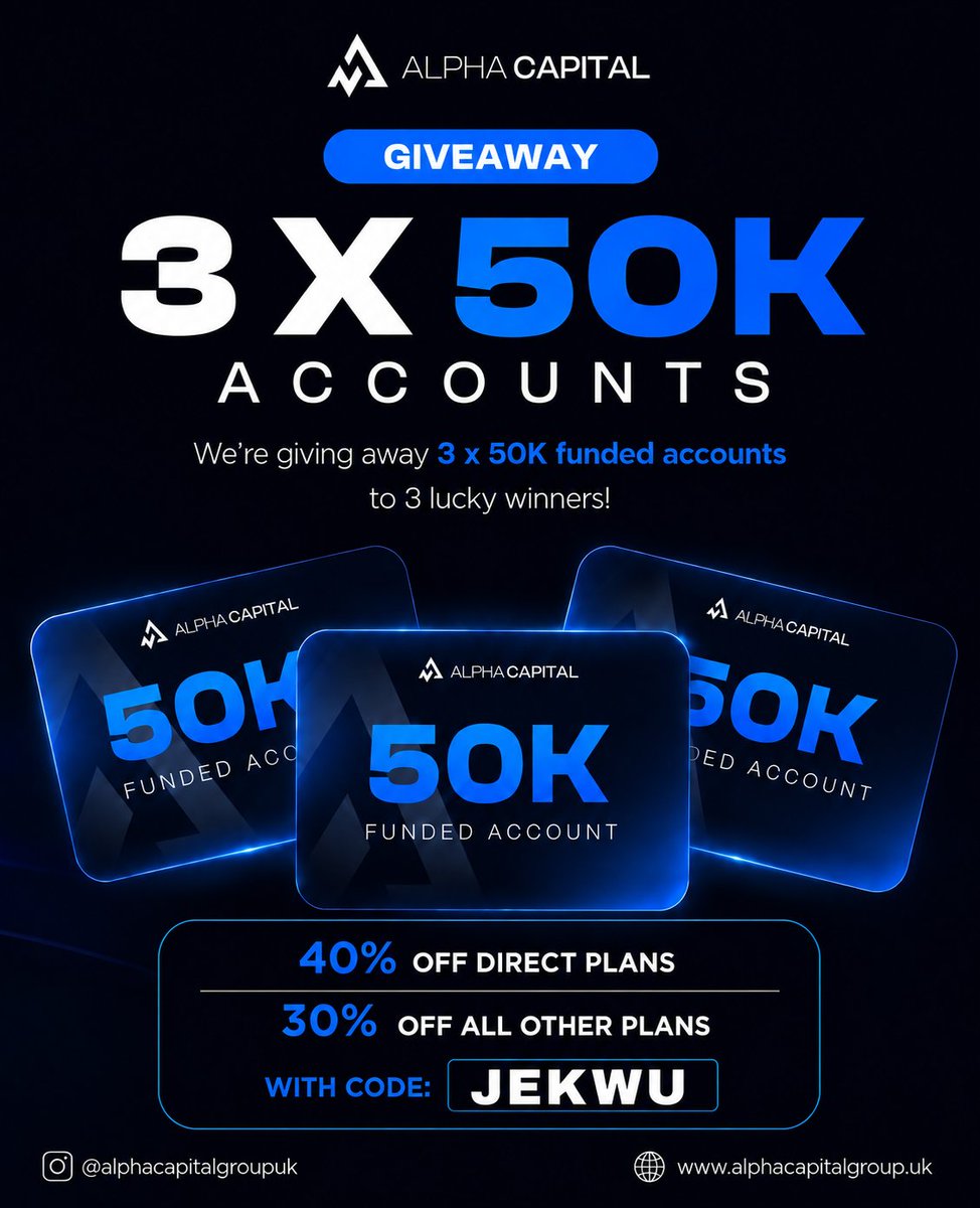 jekzcharlez's tweet photo. 🎁 $150K GIVEAWAY IS LIVE! 🎁

To celebrate my partnership with @AlphaCapitalUK, I’m giving 3 lucky traders a $50K account each!

Want in?

🔹 Follow
@AlphaCapitalUK
@jekzcharlez
@Propfirms_Audit
@Zankaeffect1
🔹 Like, repost & tag 3 traders
🔹 Engage with the quoted post
🔹 Use JEKWU for 50% OFF

 Winners announcement in 7 days