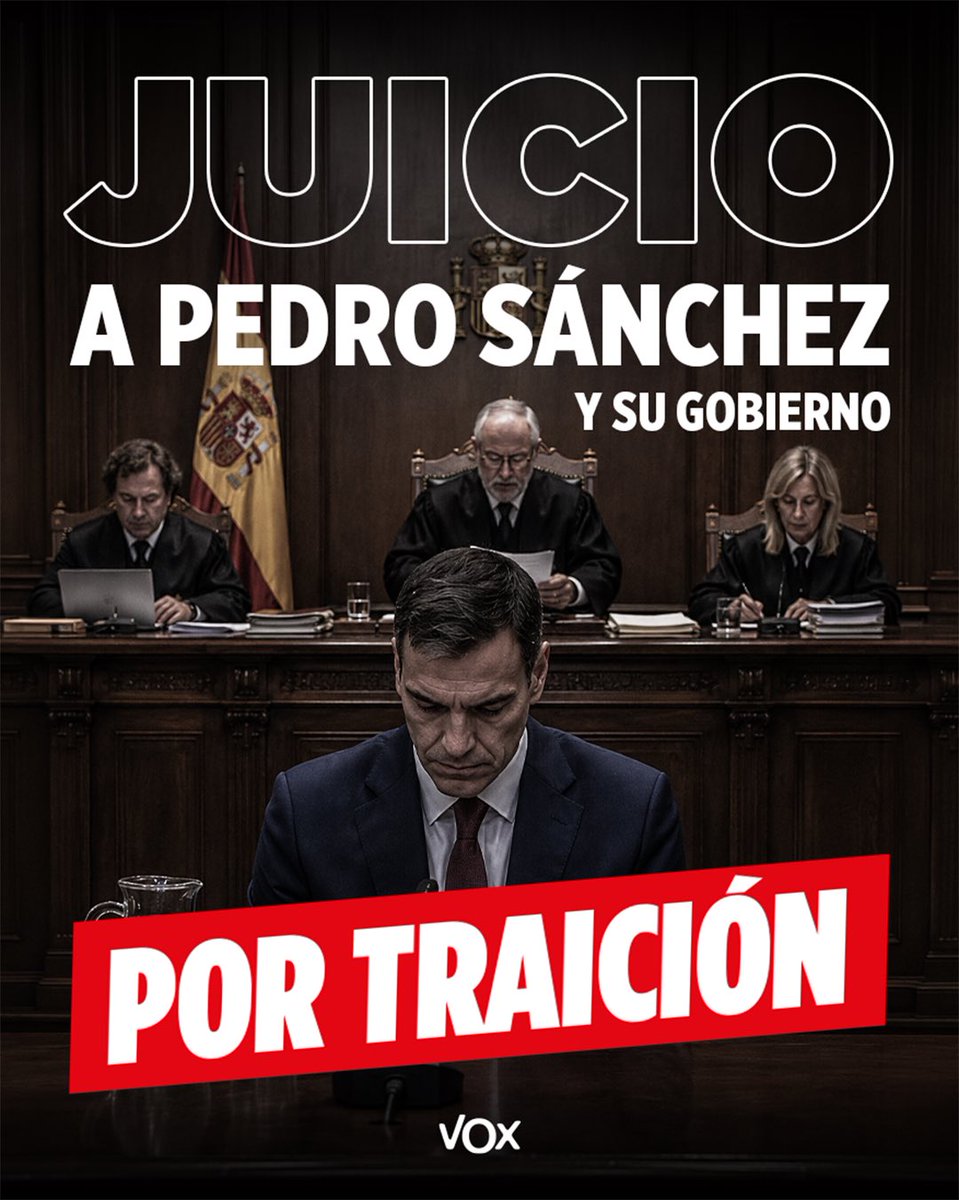 Igarrigavaz's tweet photo. VOX pone a sus diputados a disposición del resto de grupos parlamentarios (se necesitan 88) para promover 
la activación del artículo 102 de la Constitución.

Sánchez y su gobierno han de ser juzgados por traición.

¡España, en pie!

#SánchezTraidor https://t.co/Fp4ha0sPL0