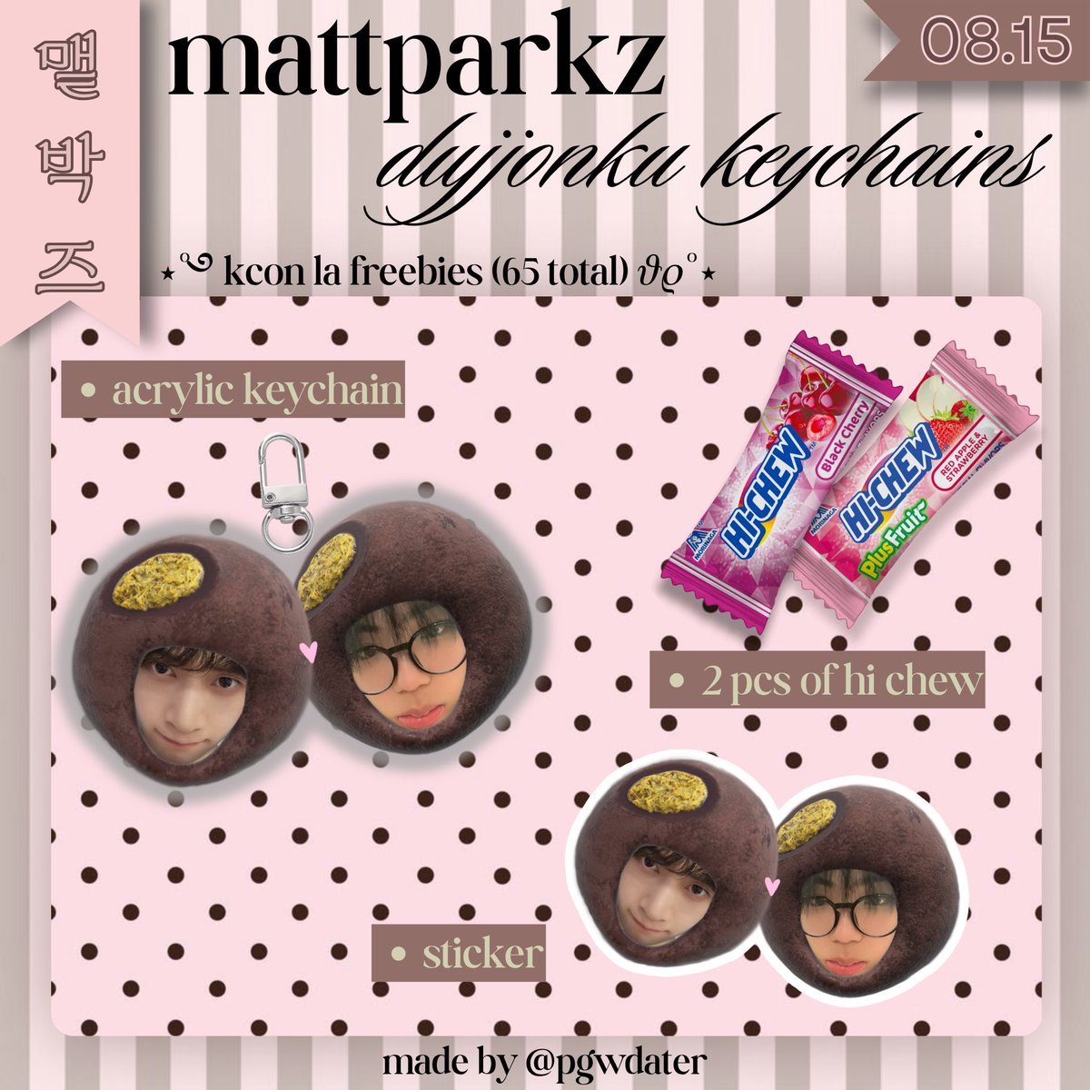 pgwdater's tweet photo. kcon la zb1 freebies !! 
↳ fan support by @pgwdater

🗓️: 15th, day 2
📍: tba

- mattparkz dujjonku keychain + sticker
- 65 pieces available
- strictly only one per person

likes + rts appreciated

#kconla2026 #zb1 #zerobaseone #제로베이스원 https://t.co/vaQIkD2IhH