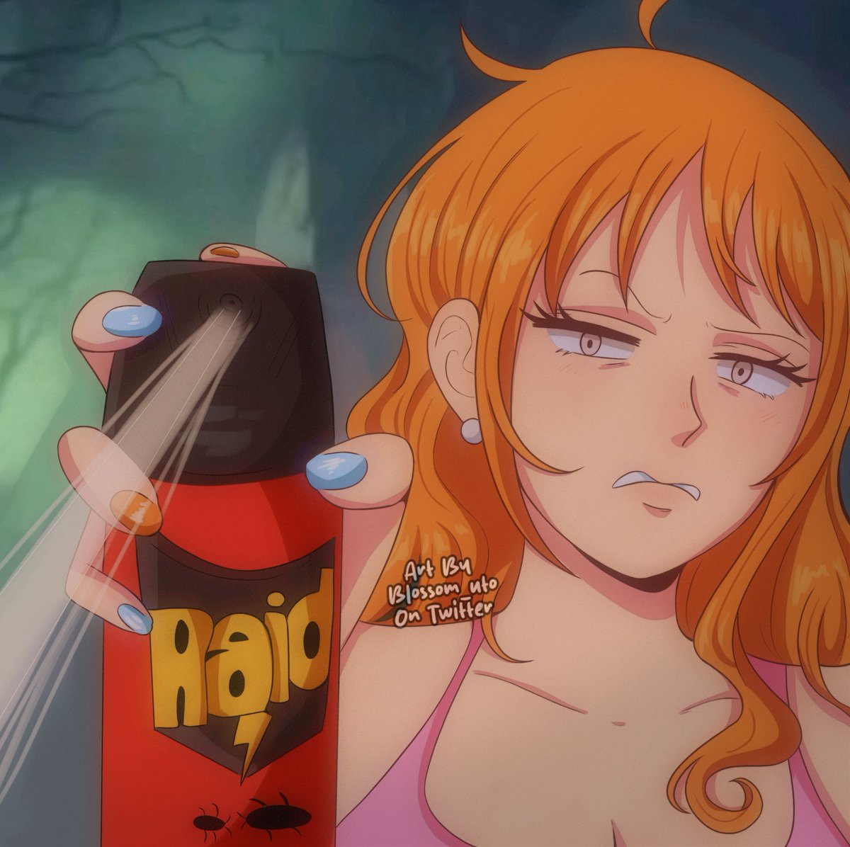 Blossom_uto's tweet photo. Day 5 of turning Nami into memes! I honestly don't think she'd have the guts to grab a can of Raid to kill a bug, LOL https://t.co/cSE47Px6qK
