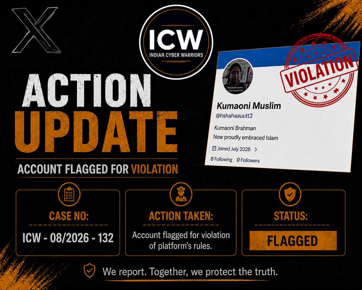 IndCybWarriors's tweet photo. 🚨 ACTION TAKEN. ACCOUNT LOCKED.
Reported for disinformation, impersonation and repeated policy violations
X acted
Case: ICW – 08/2026 – 132 | STATUS: LOCKED🔒
Take action today to protect tomorrow. Be a Cyber Warrior
JAI HIND 🇮🇳 https://t.co/8bNNDCsffB