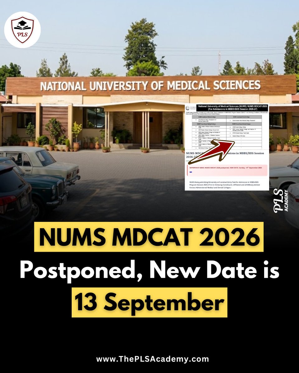 theplsacademy's tweet photo. 🚨 IMPORTANT NEWS: NUMS MDCAT 2026 POSTPONED!

#NUMSMDCAT2026 #NUMS #NUMSMDCAT #MDCAT2026 #MDCATPreparation #PLSAcademy #MedicalEntryTest #NUMSPreparation #FutureDoctors #Pakistan #DelayNUMS2026 https://t.co/uLCv3Kt5Fr
