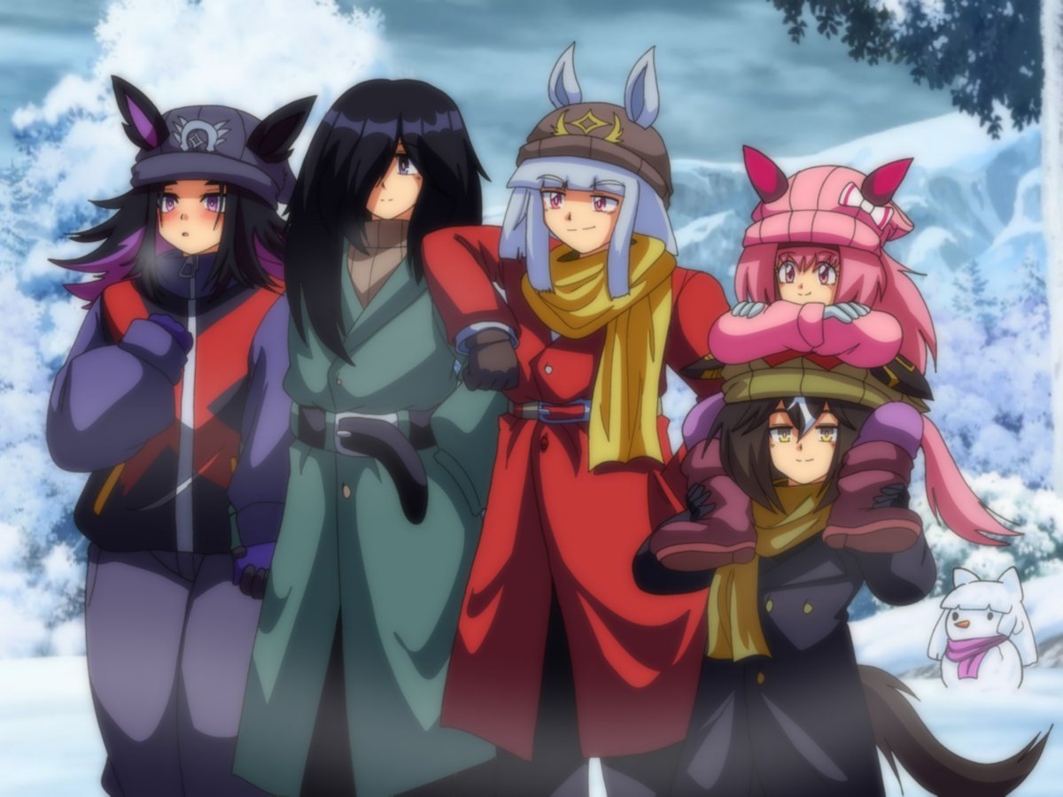 lueduar___'s tweet photo. Meno and Bossu with some company arriving to the Gold Family Home after a snow walk  

#ウマ娘 #ウマ息子 https://t.co/7U7ah5vXvy