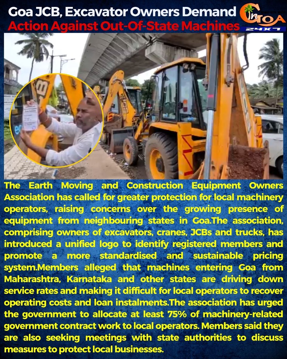 InGoa24x7's tweet photo. Goa JCB, Excavator Owners Demand Action Against Out-of-State Machine
#InGoaNews #InGoa #Goa #JCBOwners #ExcavatorOwners #GoaBusiness #LocalOperators #GoaNews #GoaUpdates #BreakingNews https://t.co/blG8DRQVKe