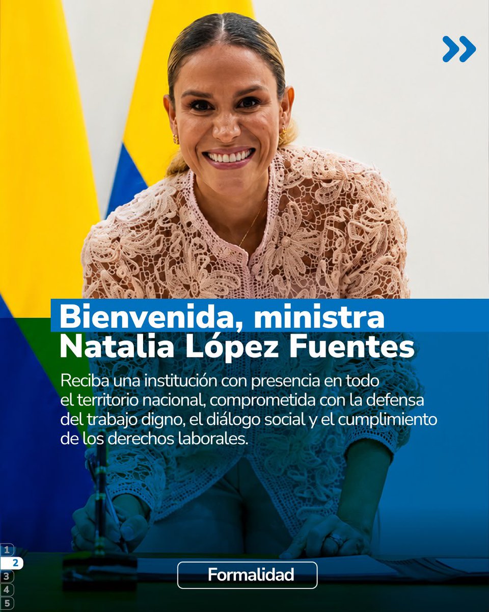 MintrabajoCol's tweet photo. 🇨🇴 ¡Bienvenida, ministra @nlopezfuentes!

Comienza una nueva etapa en el #MinTrabajo, una entidad que tiene la responsabilidad de proteger y promover los derechos de las trabajadoras y los trabajadores de Colombia.

🧵 https://t.co/L6fAJpQV3e