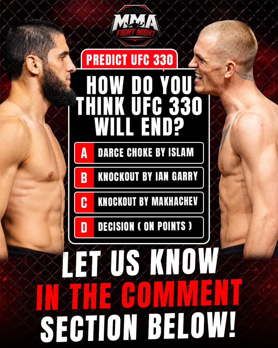 FightNightMMAYT's tweet photo. Give us your #ufc330 Predictions for #islammakhachev vs #iangarry https://t.co/KEN1Gm1XA1