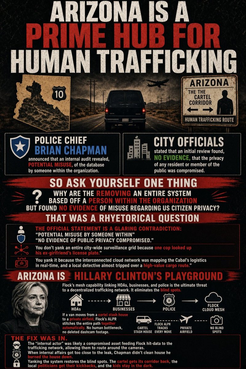 Prolotario1's tweet photo. Arizona Is A Prime Hub For Human Trafficking 

Police Chief Brian Chapman announced that an internal audit revealed potential misuse of the database by someone within the organization.

City officials stated that an initial review found no evidence that the privacy of any resident or member of the public was compromised.

So Ask Yourself One Thing

Why are the removing an entire system based off a person within the organization but found no evidence of misuse regarding US Citizen privacy? 

That Was A Rhetorical Question 

The official statement is a glaring contradiction: "Potential misuse by someone within" but "no evidence of public privacy compromised." You don't yank an entire city-wide surveillance grid because one cop looked up his ex-girlfriend's license plate. You yank it because the interconnected cloud network was mapping the Cabal's logistics in real-time, and a local detective almost tripped over a high-value cargo route. 

Arizona is Hillary Clinton Playground 

Flock’s mesh capability linking HOAs, businesses, and police is the ultimate threat to a decentralized trafficking network. It eliminates the blind spots. If a van moves from a cartel stash house to a private airfield, Flock’s ALPR stitches the entire path together automatically. No human bottleneck, no deleted dashcam footage.

The fix was in. The "internal actor" was likely a compromised asset feeding Flock hit-data to the trafficking network, allowing them to route around the cameras. When internal affairs got too close to the leak, Chapman didn't clean house he burned the house down. Yanking the system restores the blind spots. The cartel gets its corridor back, the local politicians get their kickbacks, and the kids stay in the dark.