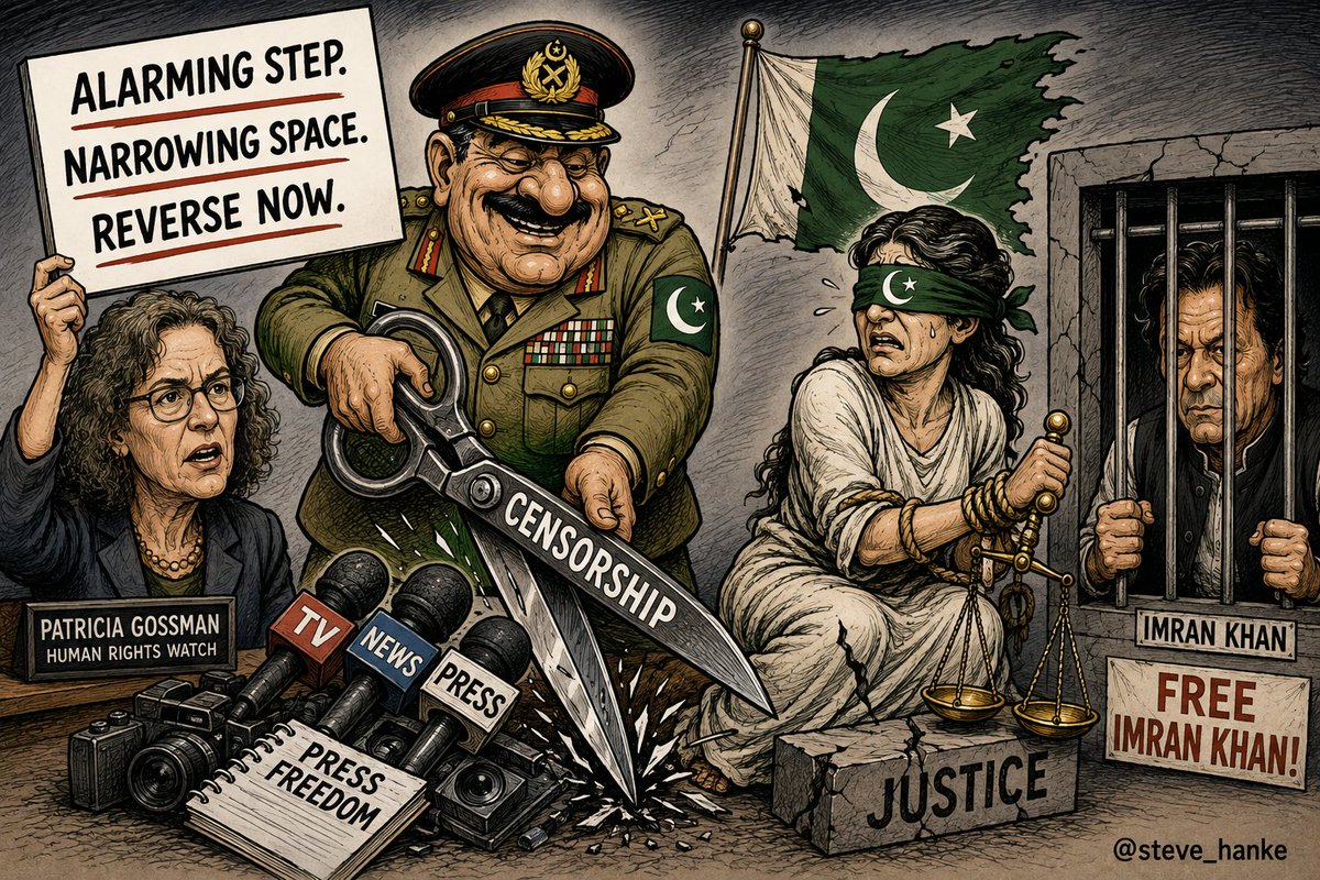 steve_hanke's tweet photo. #PAKWatch🇵🇰: Human Rights Watch Director Patricia Gossman on CENSORSHIP IN PAKISTAN:

“The new restrictions [that censor journalists] are an alarming step in Pakistan’s narrowing space for press freedom and should be immediately reversed.”

PAK = NO RULE OF LAW = FREE IMRAN KHAN. https://t.co/7vWDTaYAHT