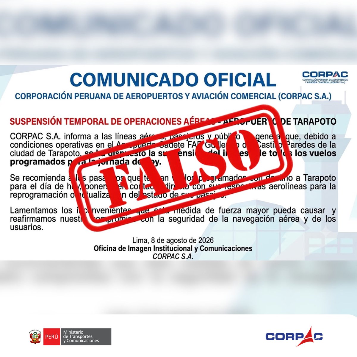 CORPACOFICIAL's tweet photo. 🚨#Tarapoto | Este comunicado es falso, no ha sido emitido por #CORPAC. El Aeropuerto de Tarapoto está plenamente operativo. https://t.co/iiqJ8p7ipb