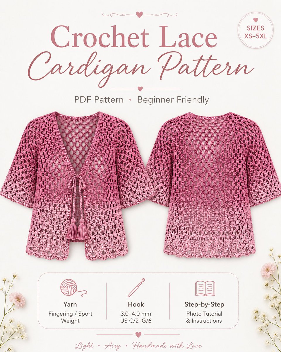 KBDigitalCraft's tweet photo. New crochet pattern 🌸🧶

Ombre Lace Tie-Front Cardigan
• Sizes XS–3XL
A light, airy cardigan for your handmade wardrobe.

https://t.co/ESoWsdyu3e

#Crochet #CrochetPattern #CrochetCardigan #LaceCrochet #OmbreCrochet https://t.co/pLivhsVXx6