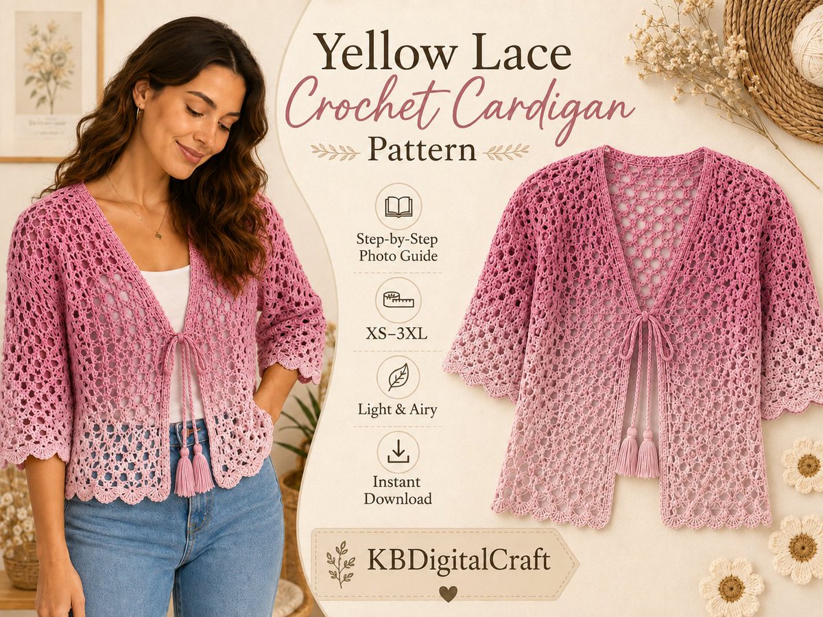 KBDigitalCraft's tweet photo. New crochet pattern 🌸🧶

Ombre Lace Tie-Front Cardigan
• Sizes XS–3XL
A light, airy cardigan for your handmade wardrobe.

https://t.co/ESoWsdyu3e

#Crochet #CrochetPattern #CrochetCardigan #LaceCrochet #OmbreCrochet https://t.co/pLivhsVXx6
