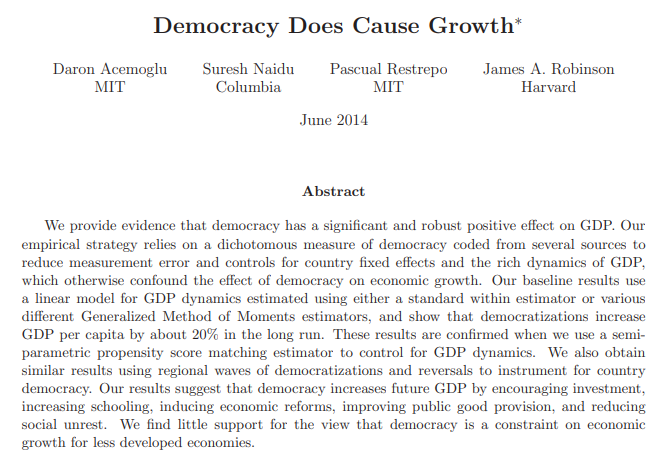 besttrousers's tweet photo. "even if it produces demonstrably worse outcomes"

It doesn't, though. 

"Democratizations increase GDP per capita by about 20% in the long run"

https://t.co/s1XSWAAaxD https://t.co/uQgEFzI08Z