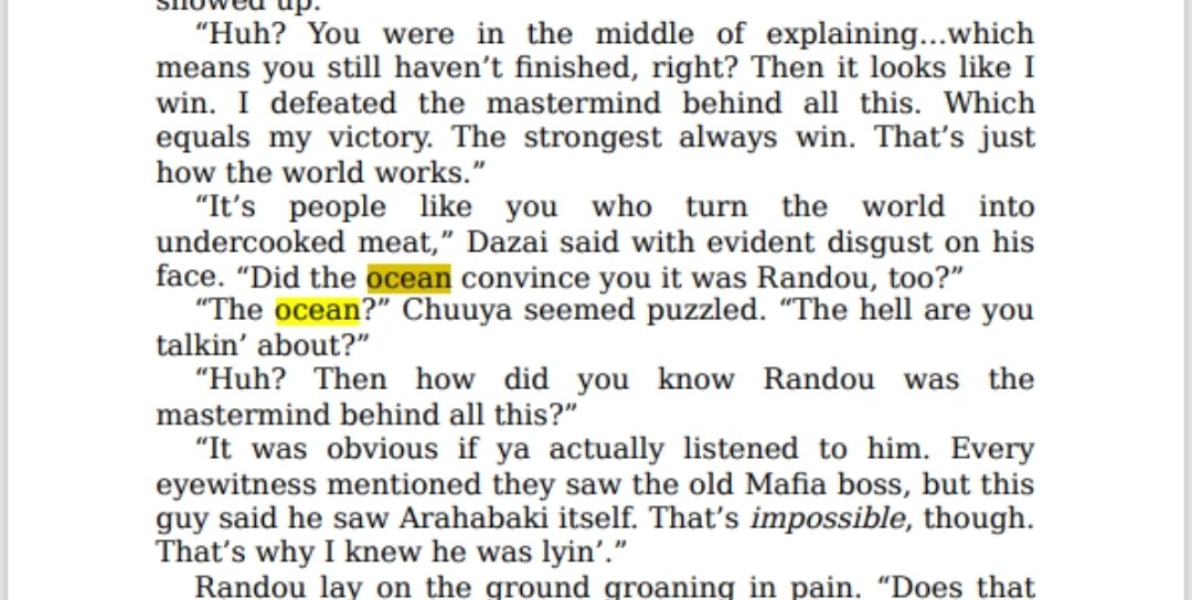 Moth_02's tweet photo. Thats a beautiful hc but it is *not* canon that he didnt know what the ocean was at 15 😭 He lived in a port town, why would he not know what it was?? In the LN he is just asking what Dazai means by mentioning it in reference to Randou and Arahabaki https://t.co/pNPFtUmBSA