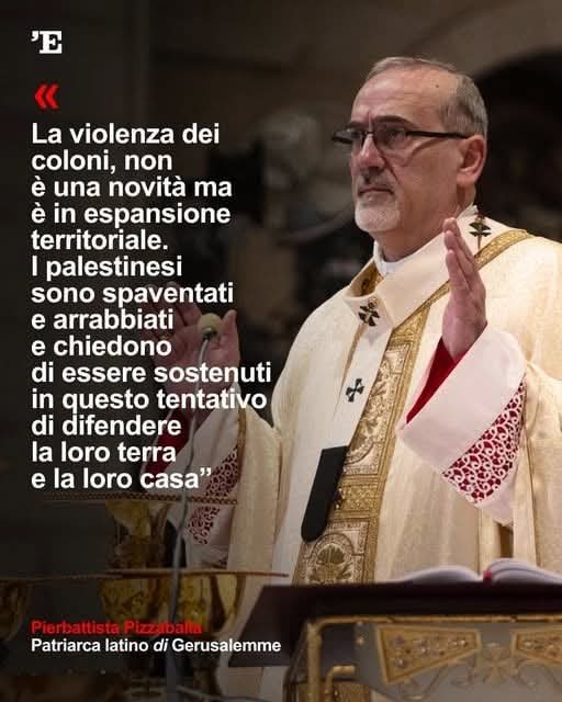 IngannoPale's tweet photo. Settler violence is nothing new, but it is expanding across the country.

Palestinians are scared and angry and demand support in this attempt to defend their land and their home."

Pierbattista Pizzabalia

Latin Patriarch of Jerusalem https://t.co/s3VbWBTFoE