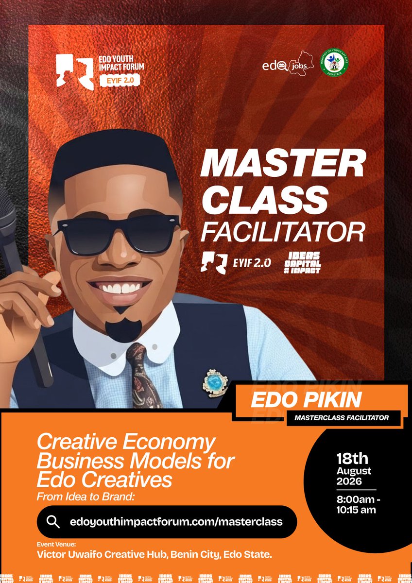 edoyif's tweet photo. EYIF 2.0 masterclass lineup just dropped.

AI for Small Businesses — Halitta
Creative Economy — MC EdoPikin
Skill Stacking — Adeife Adeoye
Storytelling as Strategy — Victor Sanchez Aghahowa 

6 sessions. Limited seats.
https://t.co/YgdTigTCq6

#eyif2026 https://t.co/Cw16vO09N1