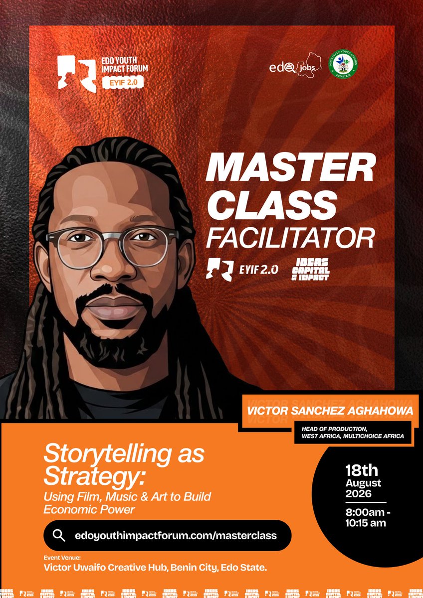 edoyif's tweet photo. EYIF 2.0 masterclass lineup just dropped.

AI for Small Businesses — Halitta
Creative Economy — MC EdoPikin
Skill Stacking — Adeife Adeoye
Storytelling as Strategy — Victor Sanchez Aghahowa 

6 sessions. Limited seats.
https://t.co/YgdTigTCq6

#eyif2026 https://t.co/Cw16vO09N1
