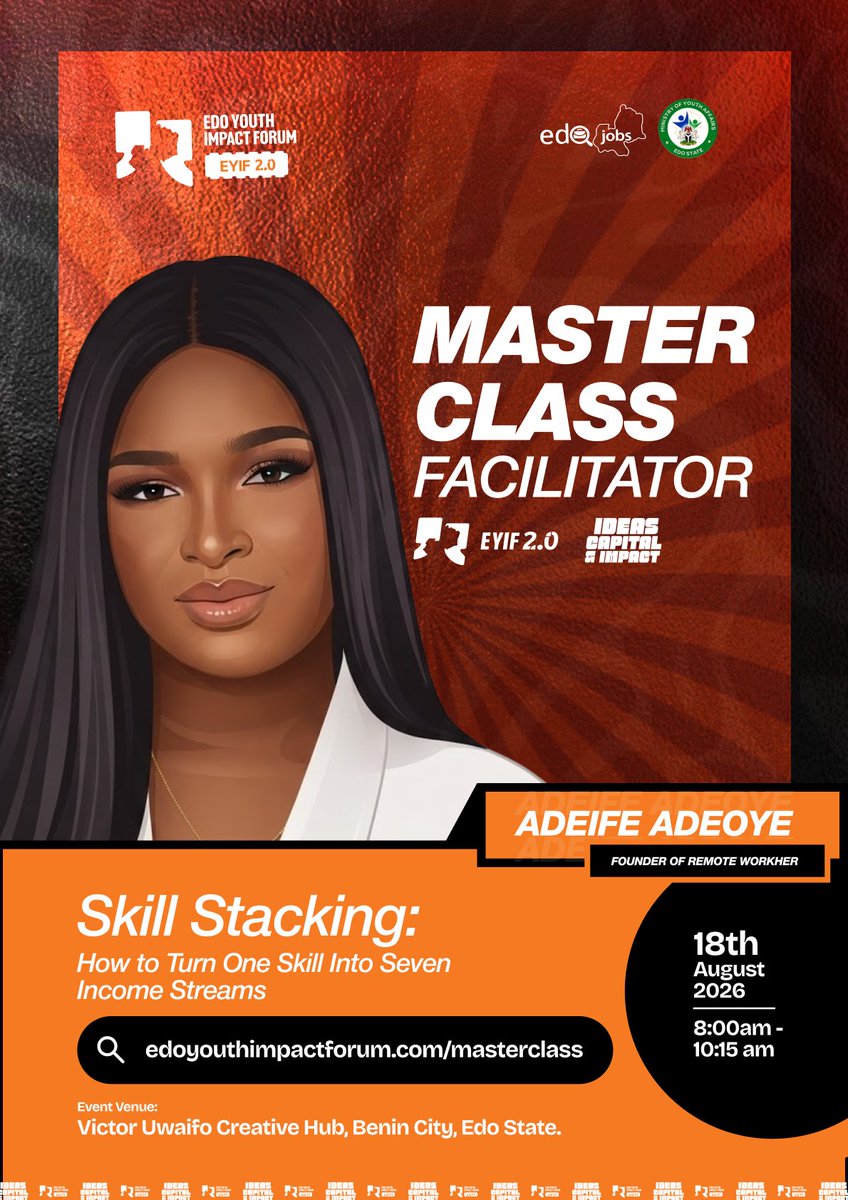 edoyif's tweet photo. EYIF 2.0 masterclass lineup just dropped.

AI for Small Businesses — Halitta
Creative Economy — MC EdoPikin
Skill Stacking — Adeife Adeoye
Storytelling as Strategy — Victor Sanchez Aghahowa 

6 sessions. Limited seats.
https://t.co/YgdTigTCq6

#eyif2026 https://t.co/Cw16vO09N1