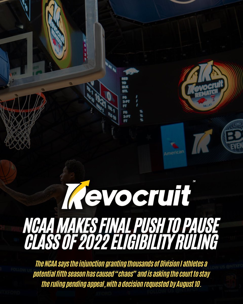 Revocruit's tweet photo. Latest: The NCAA is making its final push to pause the Class of 2022 eligibility ruling.

In its latest filing in the Wisne case, the NCAA is asking the court to stay the preliminary injunction that opened the door for qualifying Division I Class of 2022 athletes to compete for a fifth season in 2026-27 while the NCAA appeals the ruling.

The NCAA argues the injunction has already disrupted the administration of the upcoming season, saying “it is hard to take seriously” the argument that it has not caused chaos and that the 2026-27 college sports season should not be “turned upside down.”

The matter is now fully briefed and before the court, with the NCAA requesting a ruling by noon on August 10.

For now, the injunction remains in place. The court’s next decision will determine whether it stays in effect while the NCAA’s appeal moves forward.