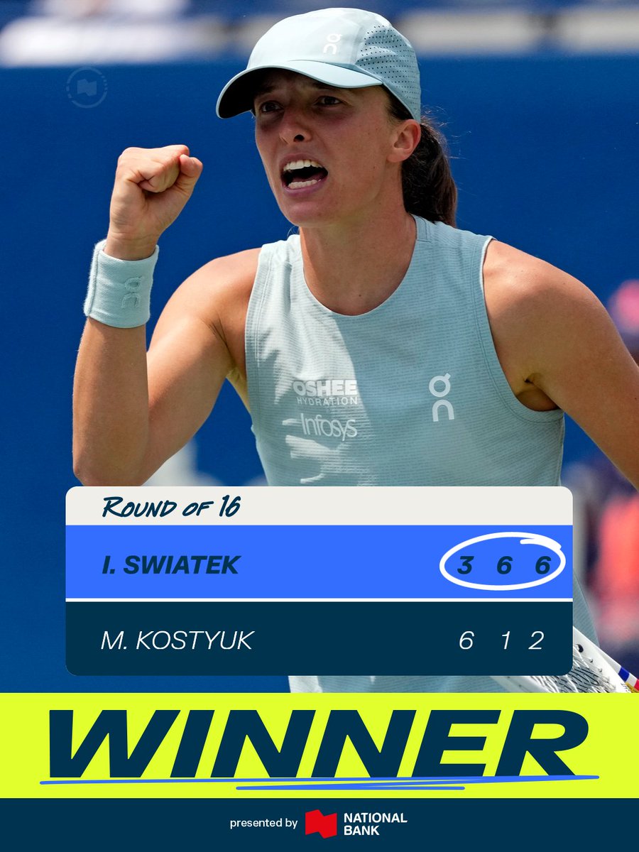 NBOtoronto's tweet photo. IGA SWIATEK IS THE FIRST QUARTER FINALIST OF THE 2026 NBO🔥

Iga takes down Marta Kostyuk in a thrilling showdown to punch her ticket to the quarterfinals👏 https://t.co/qVqMr78HSJ