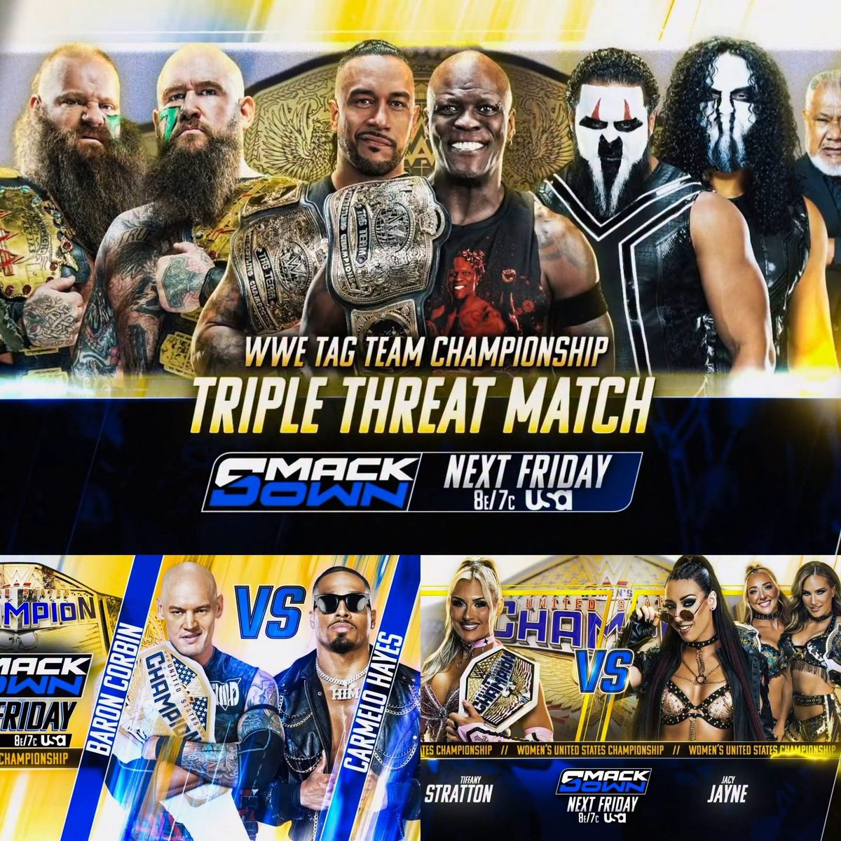 JumpmanWWE's tweet photo. Three title matches next week on Smackdown

Let’s go 🔥

#Smackdown https://t.co/6HwZ6OGVAE