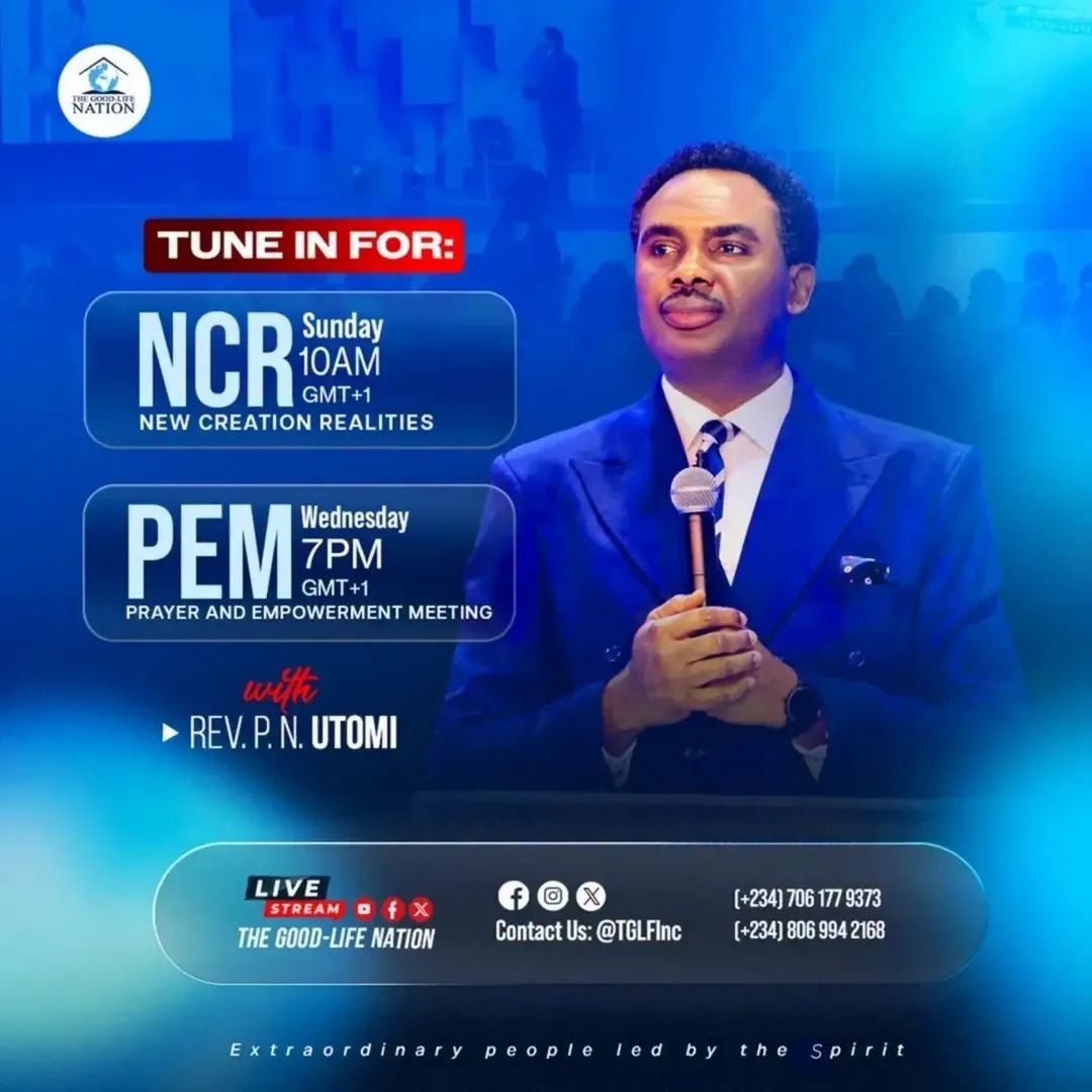 TGLFInc's tweet photo. When you adopt the way of revelation as a child of God, the things people struggle to achieve, you will achieve from rest.
 Join us for NEW CREATION REALITIES with REV. P.N. UTOMI this Sunday, by 10 am (GMT+1) online &amp; in all our church locations worldwide.

#RPN 
#APeopleCome https://t.co/vhVxbj0dWi