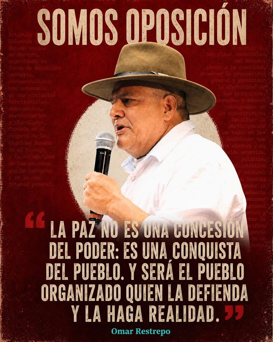 Omar_Comunes's tweet photo. La paz no se mendiga ni se recibe como un favor del poder: se conquista con organización, memoria y lucha popular.

Somos oposición para defender lo alcanzado y hacer realidad la paz que Colombia merece. El pueblo tiene la palabra. ✊🏽🇨🇴

#SomosOposición https://t.co/ceywOAJbEI