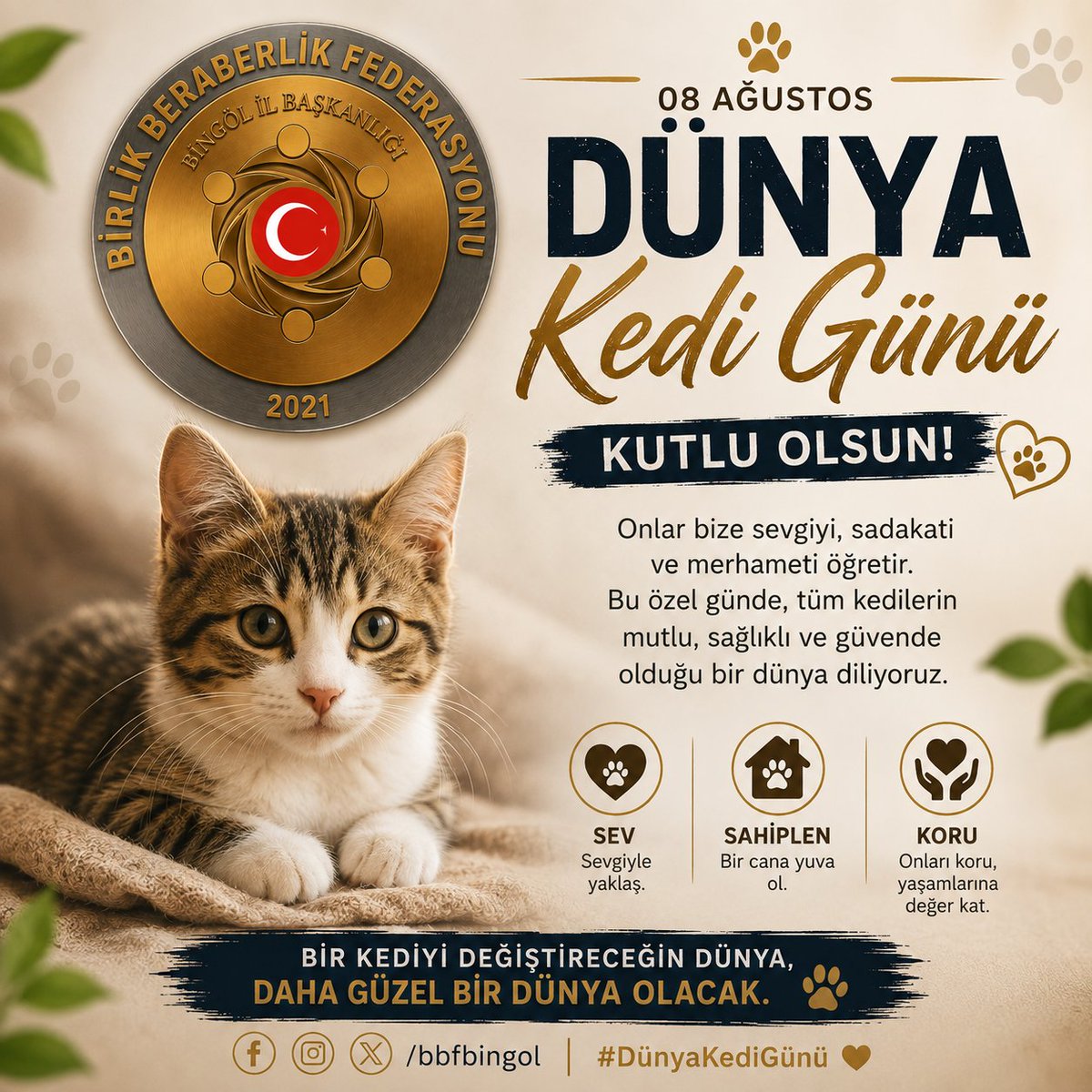 bingolbbfed's tweet photo. 8 Ağustos Dünya Kedi Günü kutlu olsun! 🐱❤️
Sevelim, koruyalım, sahiplenelim. Her canlının sevgiye ve güvenli bir yaşama hakkı var.
Daha merhametli bir dünya için… 🐾
#DünyaKediGünü #Kediler #BirlikBeraberlikFederasyonu https://t.co/LMDlsyCzSs