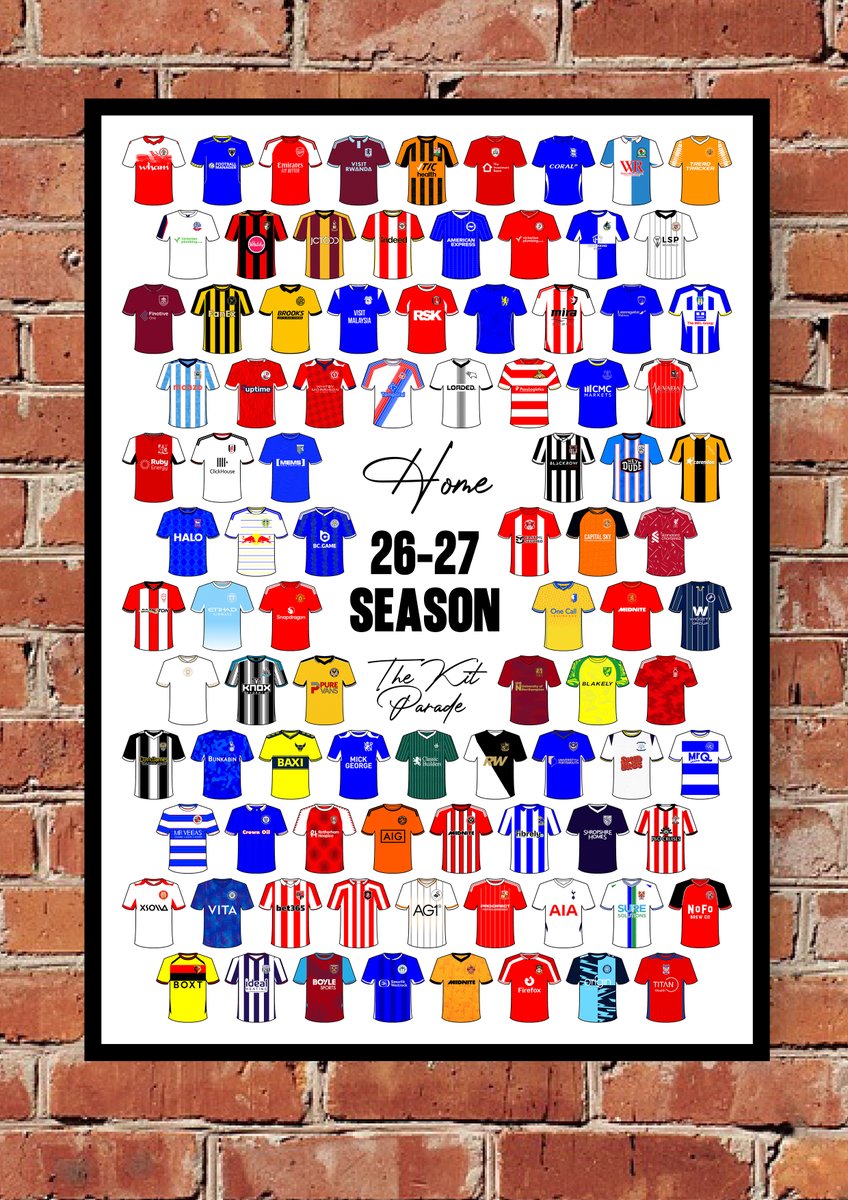 The_Kit_Parade's tweet photo. From Accrington Stanley to York City...my drawings of this season's 92 Premier League and EFL home shirts. https://t.co/ezBmeInb7f