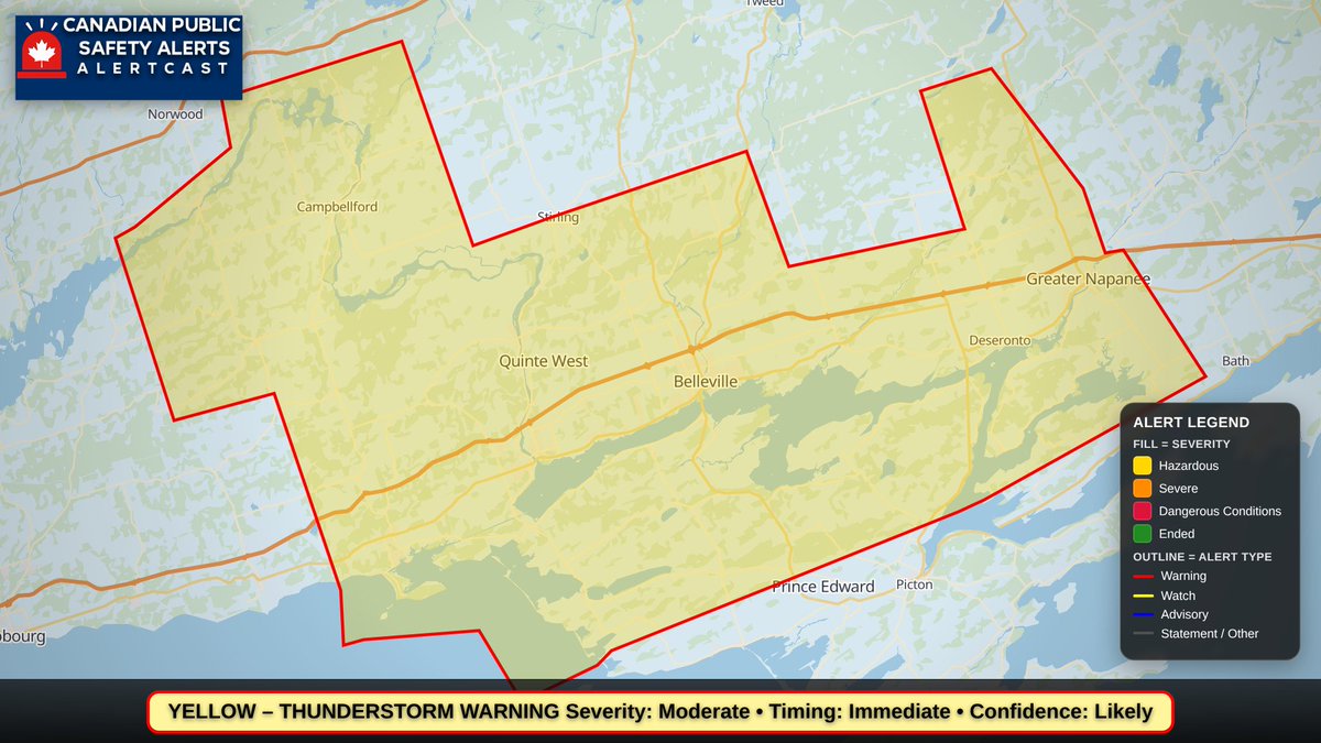 CANPublicAlerts's tweet photo. ⛈️ Yellow Severe Thunderstorm
Strong wind gusts, quarter-size hail &amp; heavy rain.
Belleville-Quinte West &amp; Northumberland.
Damaging hail, wind or rain possible.
| CPSA AlertCast https://t.co/tXsxaBye8p