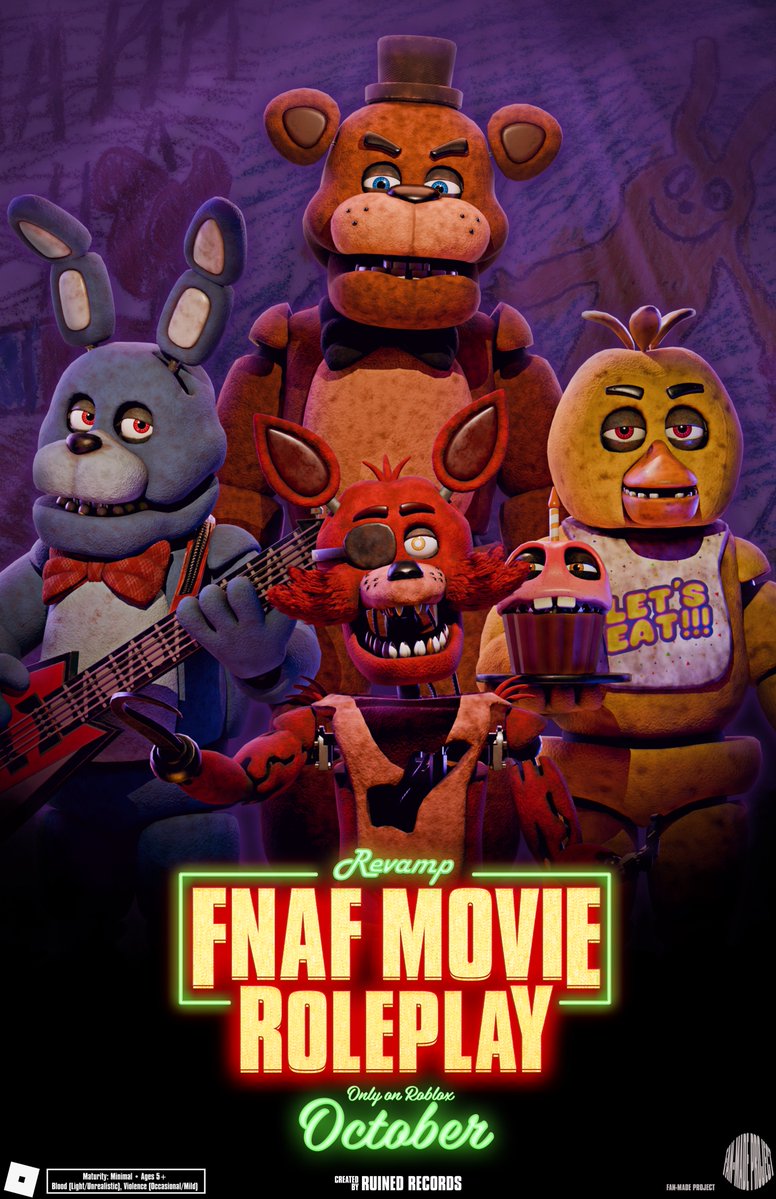 RuinedRecords87's tweet photo. Happy Birthday Five Nights at Freddy's! 🐻 

This October, we're completely revamping the FNAF 1 Movie map, including a new UI and a full gameplay overhaul. 🍕 

Check our Discord server for more updates! (LINK IN BIO) https://t.co/RO5BjR6Kcm