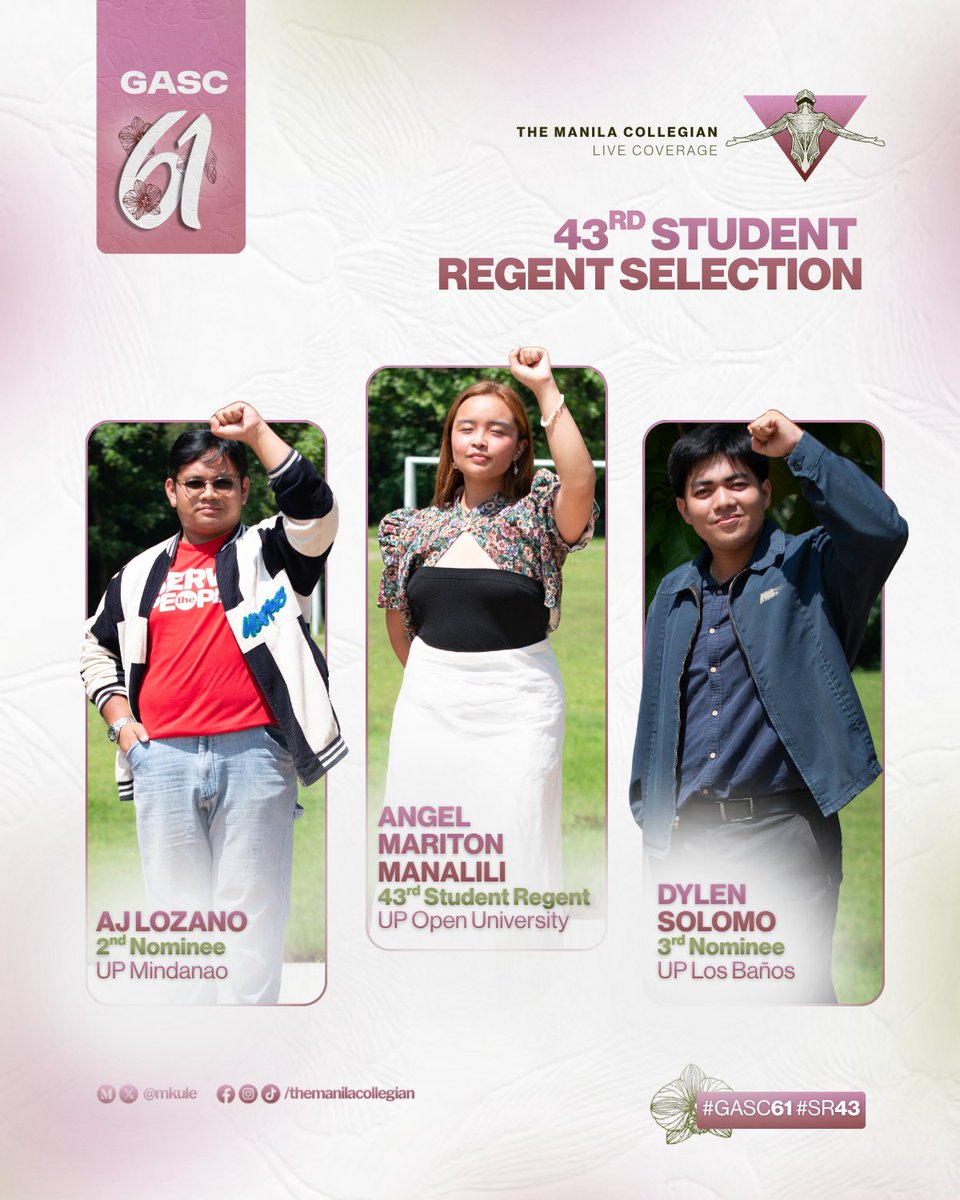mkule's tweet photo. LOOK: After 15 hours of exhaustive consensus-building, the final ranking of #SR43 is as follows:

— Angel Mariton Manalili, 43rd Student Regent
— AJ Lozano, Second nominee
— Dylan Gain Solomo, Third nominee

Manalili will serve as the sole representative of the studentry in the Board of Regents (BOR), the highest decision-making body in the UP System.

#GASC61