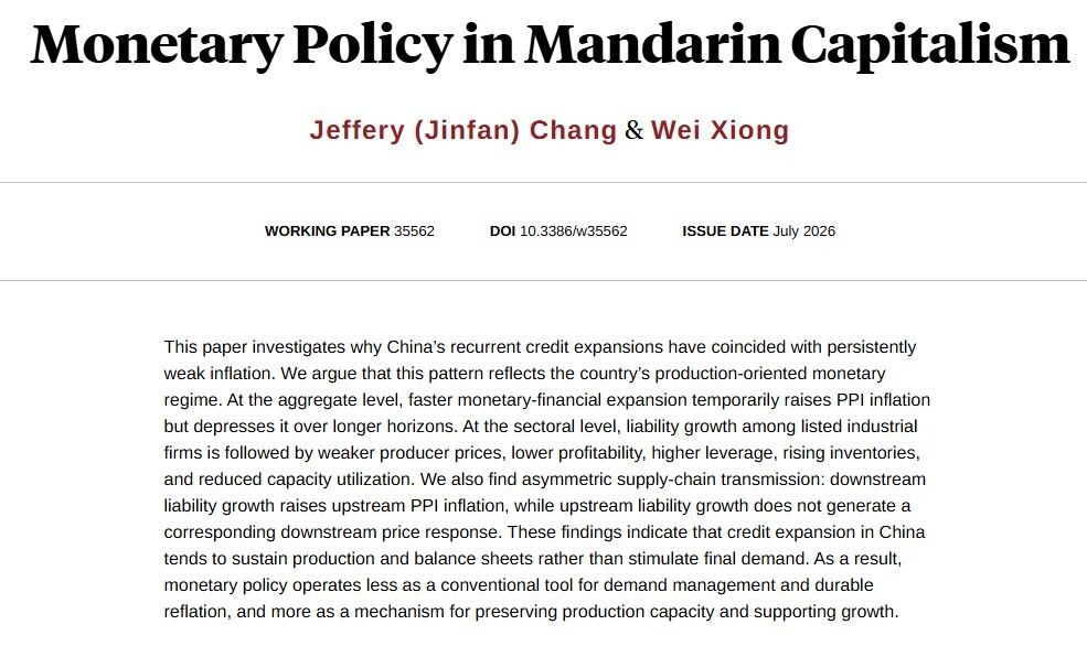 nberpubs's tweet photo. Because of China’s production-oriented monetary regime, credit expansion can become disinflationary rather than reflationary, from Jeffery (Jinfan) Chang and Wei Xiong https://t.co/dlcmE3s3XO https://t.co/ZVLwE5KFiU