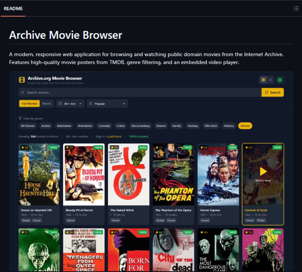 Nozelcode's tweet photo. MILES DE PELÍCULAS CLÁSICAS Y LEGALES EN INTERNET, AHORA CON UNA INTERFAZ DIGNA

Internet Archive lleva años acumulando uno de los mayores catálogos de cine gratuito y legal de internet

El problema es que encontrar algo que realmente merezca la pena siempre ha sido un caos: títulos confusos, búsquedas poco intuitivas y miniaturas que parecen sacadas de los años 90

Archive Movie Browser lo convierte en algo mucho más parecido a una plataforma de streaming real:

→ Pósteres de calidad, sinopsis, reparto, director y valoraciones de TMDB
→ Filtros por género, duración y tipo de contenido
→ Ordena por popularidad, puntuación, fecha o nombre
→ Reproducción directa desde la misma página
→ Funciona tanto en móvil como en ordenador
→ Es open source y puedes alojar tu propia versión

No crea un catálogo nuevo

Simplemente consigue que uno que ya existía, era gratuito y legal sea por fin fácil y agradable de explorar

Enlace abajo👇