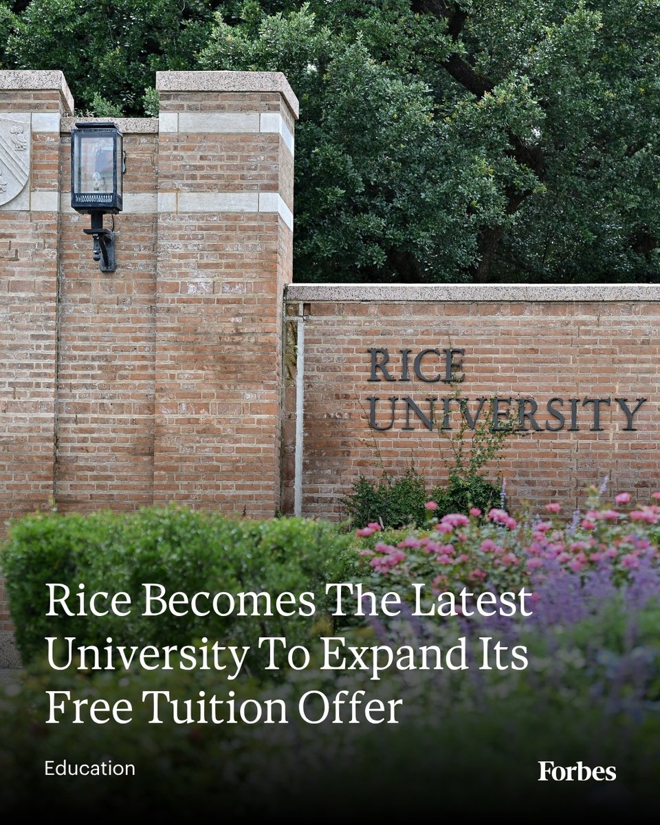 Forbes's tweet photo. Under Rice's expanded plan, students from families earning less than $100,000 annually will receive full coverage of tuition, mandatory fees, and room and board. Read more: https://t.co/EJA38B4XFA (Photo: Maria Lysaker via Getty Images) https://t.co/mgCDVxiv2G