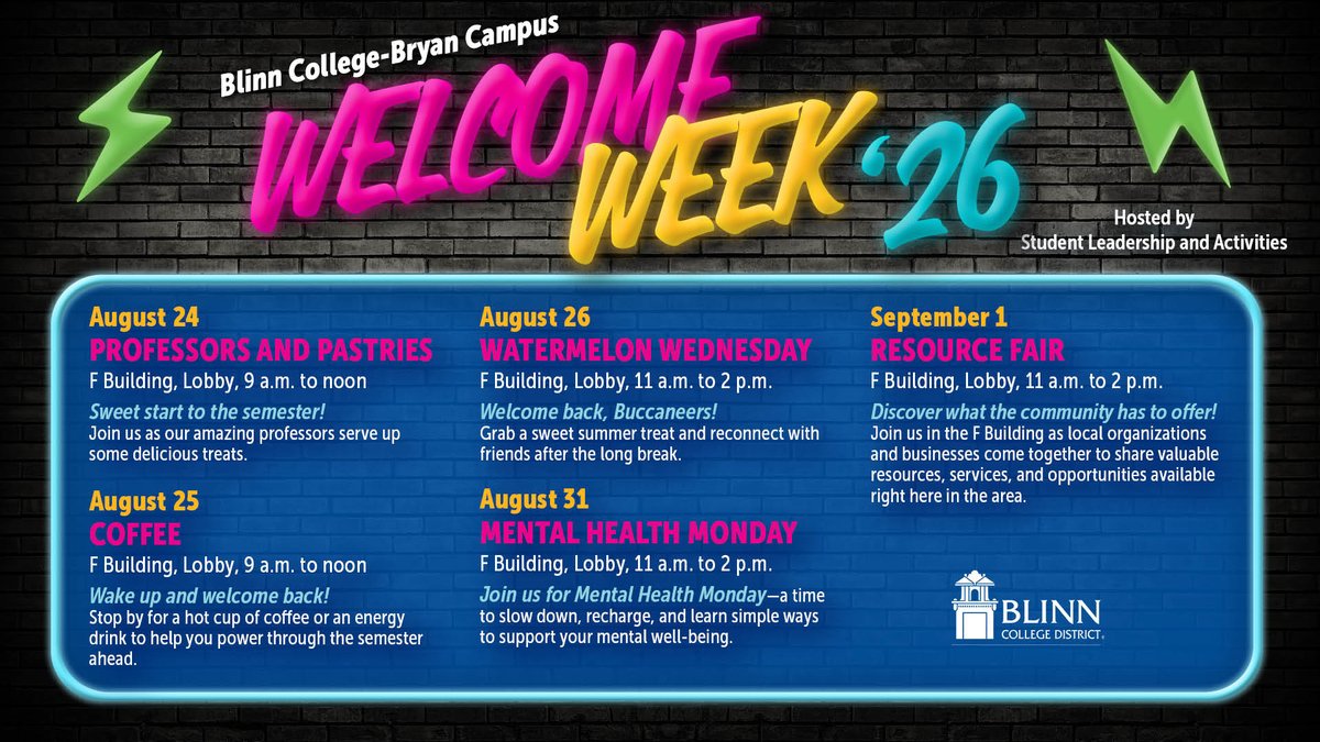 BlinnCollege's tweet photo. βπ₯π Coffee. Professors. Pastries. Resources. FUN. π
Get ready for Welcome Week on the #BlinnBryan Campus! π Start marking your calendars and to connect, grab some goodies, and kick off the fall semester with your fellow Buccaneers! https://t.co/eKsuOOgHcp https://t.co/FMx7Tj0mJp